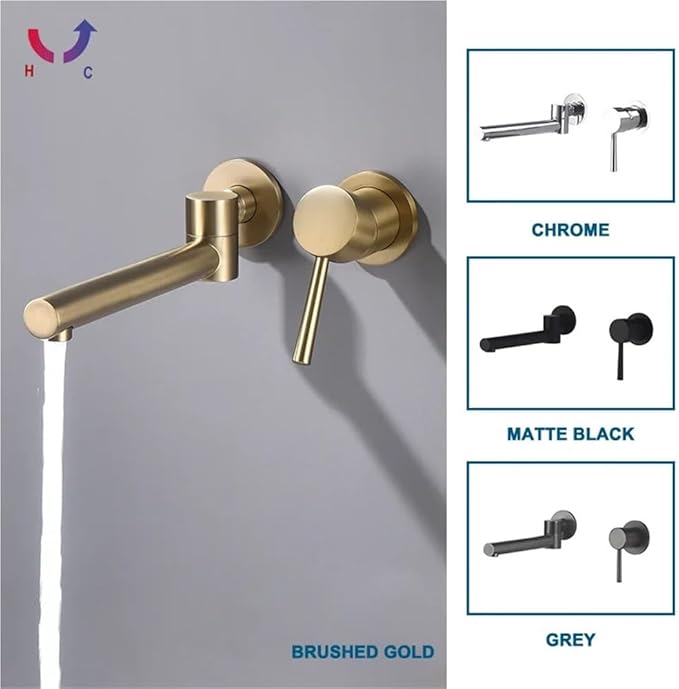 Faucet Brass Wall-Mounted Basin Faucet Sink Brushed Gold Single Handle Hot and Cold Water Recessed Bathroom Rotatable(Gunmetal Grey) Faucet