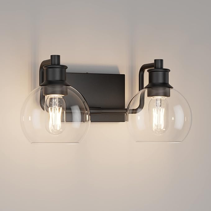 Tipace 2 Lights Industrial Bathroom Vanity Light Fixtures Over Mirror Black Vintage Vanity Lights with Globe Clear Glass Farmhouse Wall Sconces Fixture(Exclude Bulb)