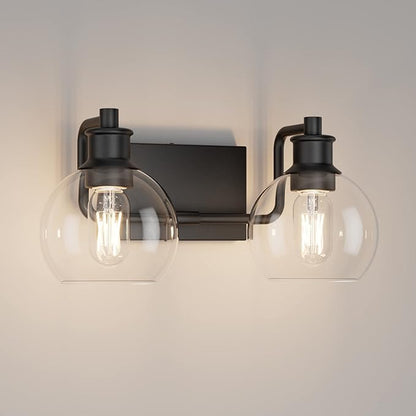 Tipace 2 Lights Industrial Bathroom Vanity Light Fixtures Over Mirror Black Vintage Vanity Lights with Globe Clear Glass Farmhouse Wall Sconces Fixture(Exclude Bulb)