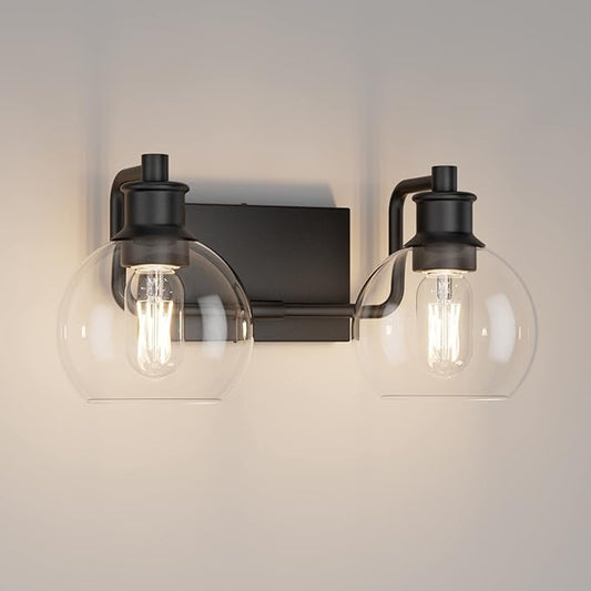 Tipace 2 Lights Industrial Bathroom Vanity Light Fixtures Over Mirror Black Vintage Vanity Lights with Globe Clear Glass Farmhouse Wall Sconces Fixture(Exclude Bulb)