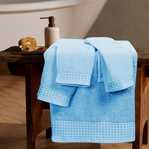 GLAMBURG Ultra Soft 3 Pack Cotton Towel Set, Contains a Bath Towel 28x55 inch, a Hand Towel 16x24 inch & a Wash Coth 12x12 inch, Ideal Everyday use, Compact & Lightweight - Sky Blue