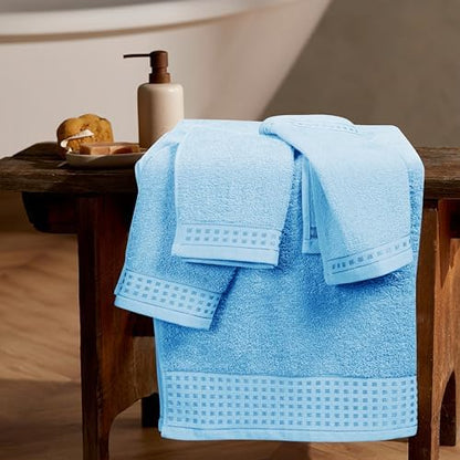 GLAMBURG Ultra Soft 3 Pack Cotton Towel Set, Contains a Bath Towel 28x55 inch, a Hand Towel 16x24 inch & a Wash Coth 12x12 inch, Ideal Everyday use, Compact & Lightweight - Sky Blue