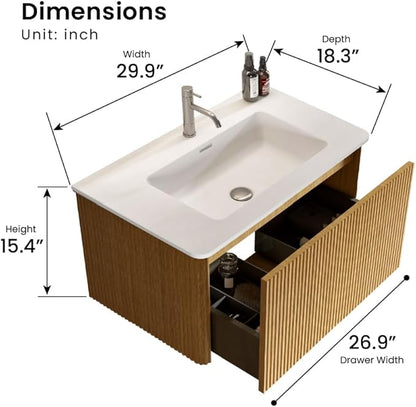 30 Inch Bathroom Vanity with Sink, Modern Floating Vanity with Push Open Drawer, Large Storage for Small Space, Apartment, Hotel, Natural Oak, Fully Assembled - Camellia Collection