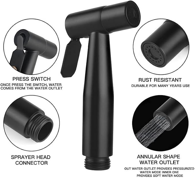 Stainless Steel Toilet Bidet Sprayer Head,Black | for Toilet,personal hygiene cleaning, bathroom cleaning, pet bathing,G1/2 interface.