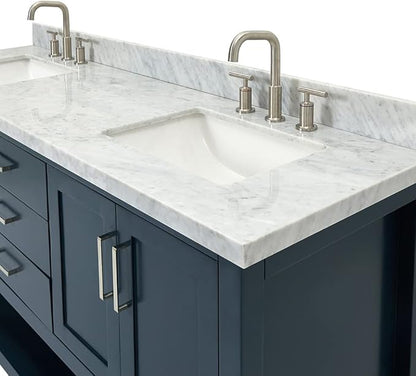 DKB Olivia 72" Midnight Blue Double Bathroom Vanity with Sink, 1.5" Edge Italian Carrara Marble Countertop, Rectangular Undermount Sinks, 4 Soft Closing Doors, 3 Dovetail Drawers