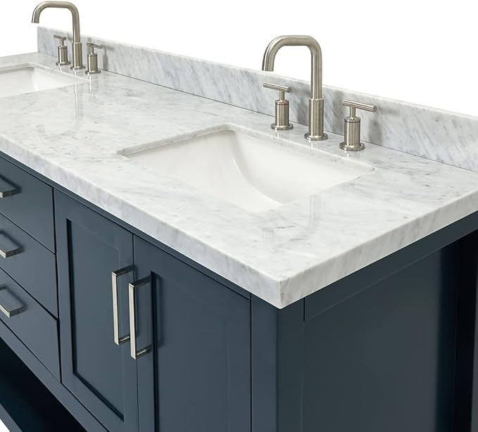 ARIEL Magnolia 72-inch Bathroom Vanity with Sink,Solid Wood, 1.5-inch Italian Carrara Marble Countertop, Double Rectangular Porcelain Sink, 4 Soft Closing Doors, 3 Dovetail Drawers, Midnight Blue