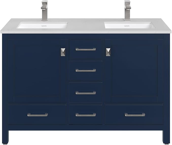 Eviva London 48 Inch Double Sink Vanity - Blue Double Vanity Sinks for Bathrooms - 48 Bathroom Vanity with Top and Sink - Freestanding 48 Vanity with Sink and Countertop Quartz - Porcelain Sink Combo