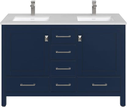 Eviva London 48 Inch Double Sink Vanity - Blue Double Vanity Sinks for Bathrooms - 48 Bathroom Vanity with Top and Sink - Freestanding 48 Vanity with Sink and Countertop Quartz - Porcelain Sink Combo