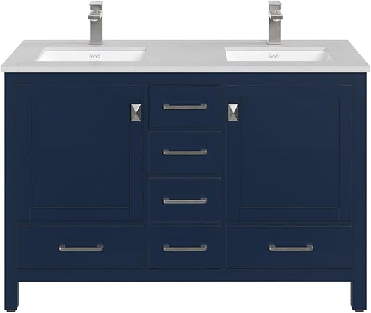 Eviva London 48 Inch Double Sink Vanity - Blue Double Vanity Sinks for Bathrooms - 48 Bathroom Vanity with Top and Sink - Freestanding 48 Vanity with Sink and Countertop Quartz - Porcelain Sink Combo