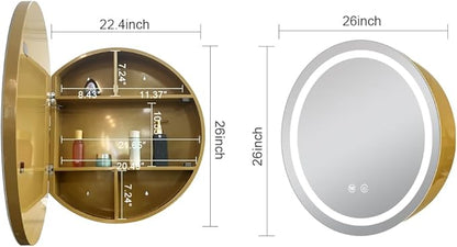 26inch Round Medicine Cabinet with Lights,Led Medicine Cabinet with Defogger,Illuminated Mirror Cabinet for Bathroom,Dimmable,Anti-Fog,3 Colors,Surface Mount only,Gold