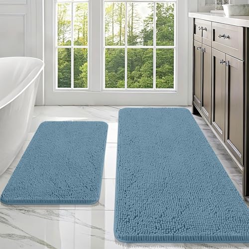 OLANLY Chenille Bathroom Rugs Mats Sets 2 Piece, 47"x20"+30"x20", Airy Blue