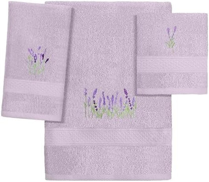 3 Pcs Lavender Floral Bathroom Towel Set Farmhouse Embroidered