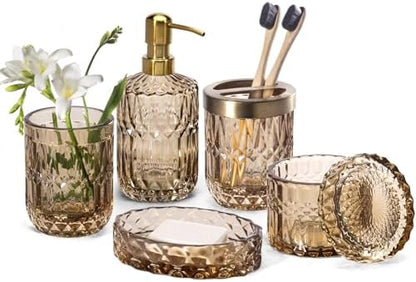 EMPO 6PCS Bathroom Clear Glass Accessories Set (Lotion Soap Dispenser, Soap Dish, Toothbrush Holder, Tumbler, Cotton Swab Jar), Contemporary Modern Decor Crystal Vintage Gift (6pcs Brown)