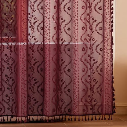 WAZZIO Burgundy Red Lace Shower Curtain for Bathroom 72" W x 72" L, Victorian Farmhouse Floral Pattern Tassel Fancy Shower Curtain Boho Washable Cloth Decorative Bath Curtains,1 Panel