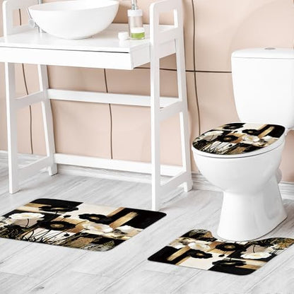 Abstract Floral Black Gold Peony 4Pcs Bathroom Shower Curtain Set with Rugs