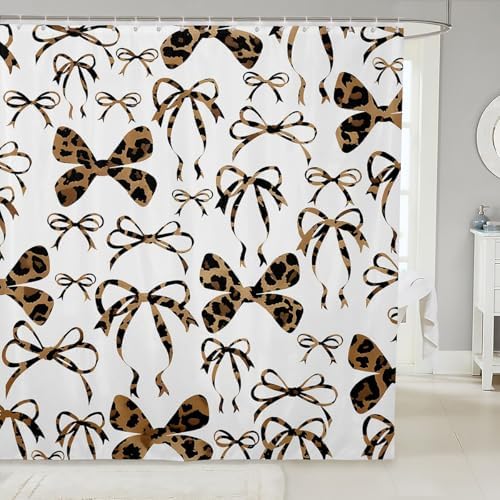 jejeloiu Cute Bowknot Shower Curtain for Bathroom Decor 72"x72" Brown Black Girls Bow Bath Curtain Kawaii Leopard Bathroom Accessories Waterproof Polyester Fabric for Stalls Bathtubs Princess Decor