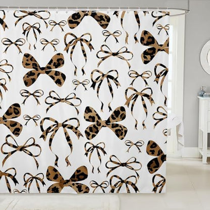jejeloiu Cute Bowknot Shower Curtain for Bathroom Decor 72"x72" Brown Black Girls Bow Bath Curtain Kawaii Leopard Bathroom Accessories Waterproof Polyester Fabric for Stalls Bathtubs Princess Decor