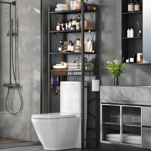 Over-The-Toilet Storage Rack, 4-Tier Bathroom Organizer Shelf Over Toilet with Adjustable Shelf and Basket, Freestanding Space Saver Bathroom Shelves Above Toilet for Room (Pure Black)