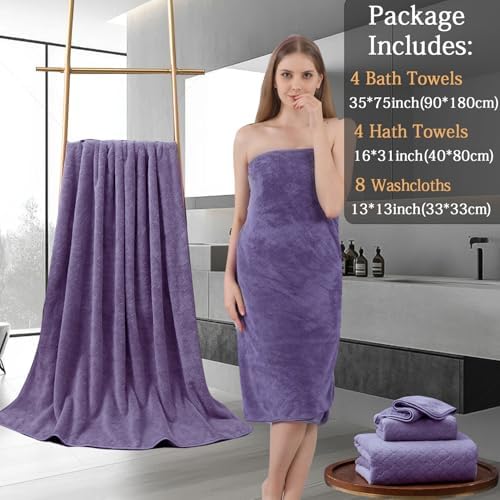8-Piece Bath Towels Set,2 Oversized Large Bath Towel Sheet,2 Hand Towels and 4 Washcloths - 600 GSM Soft Microfiber Highly Absorbent Quick Dry Shower Towel Collection for Bathroom Hotel and Spa,Purple