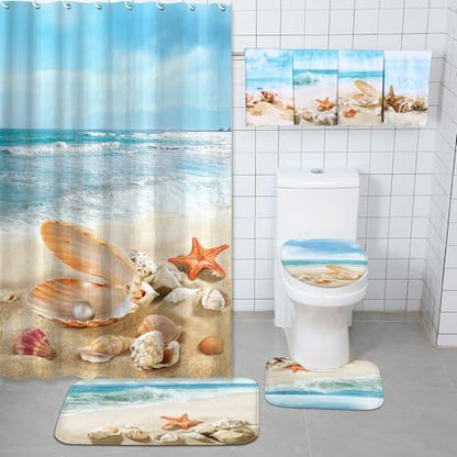 FuWeave 8 Pcs Coastal Shower Curtain Set Ocean Beach Bathroom Decor
