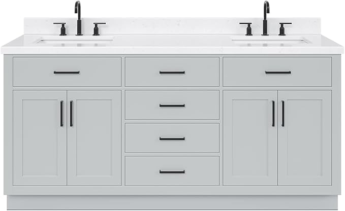 ARIEL Hepburn 72-inch Bathroom Vanity with Sink,Solid Wood, 1.5-inch Carrara White Quartz Countertop & Backsplash, Double Rectangular Porcelain Sink, 4 Soft Closing Doors, 6 Dovetail Drawers, Grey