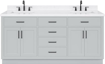ARIEL Hepburn 72-inch Bathroom Vanity with Sink,Solid Wood, 1.5-inch Carrara White Quartz Countertop & Backsplash, Double Rectangular Porcelain Sink, 4 Soft Closing Doors, 6 Dovetail Drawers, Grey