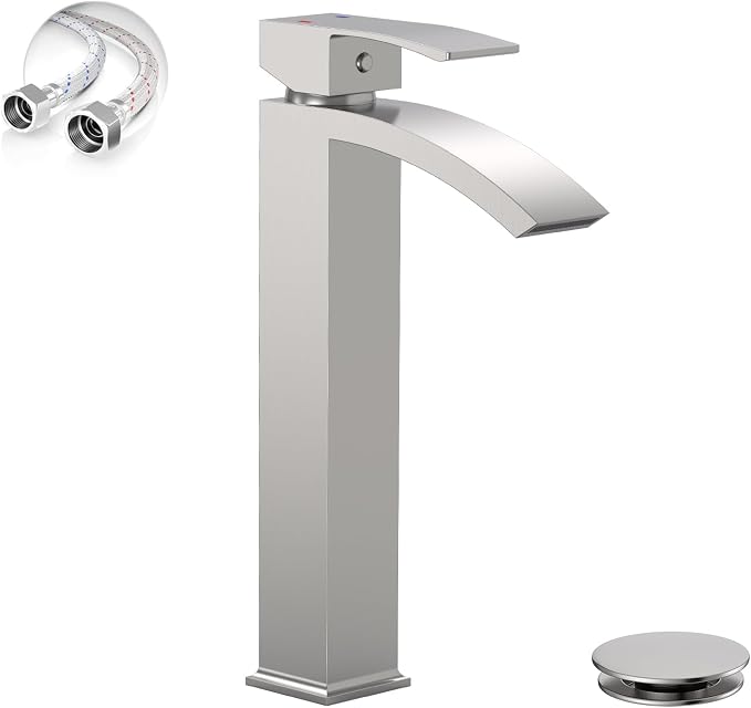 Brushed Nickel Vessel Sink Faucet, Waterfall Bathroom Faucets | Brass, Tall Spout, Single Handle 1 Hole Bathroom Faucet, Modern Basin Taps with Supply Line, Pop Up Drain, Without Overflow