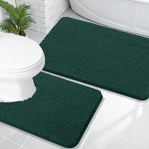OLANLY Chenille Bathroom Rugs Sets 2 Piece, 36"x24"+24"x20", Blackish Green