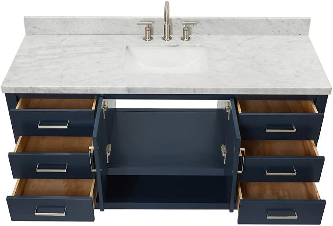 Olivia 60-Inch Midnight Blue Bathroom Vanity with Rectangular Sink, 1.5" Italian Carrara Marble Countertop & Backsplash, 2 Soft-Closing Doors, 6 Dovetail Drawers, Brushed Nickel