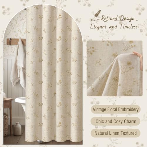 Beige Floral Vintage Linen Shower Curtain Embroidered Textured 72Wx72H