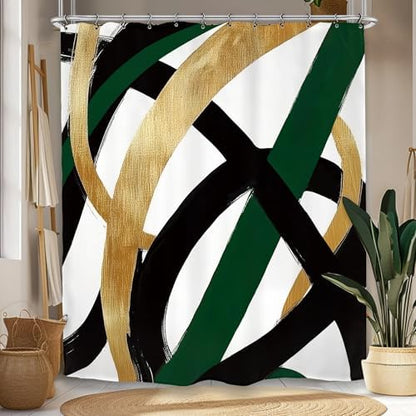 Abstract Modern Minimalist Shower Curtain 60Wx72L Inch Black Emerald Green Gold Line Contemporary Art Neutral Simple Bathroom Set Accessories Decor with 12 Pack Hooks