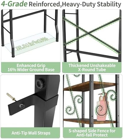 Over-The-Toilet Storage Rack 4-Tier,Bathroom Organizer Shelf Over Toilet,Adjustable Wooden Shelves and Basket,Freestanding Above Toilet Shelf,Space Saver for Rooms(Black Rack-Rustic Brown Shelves)