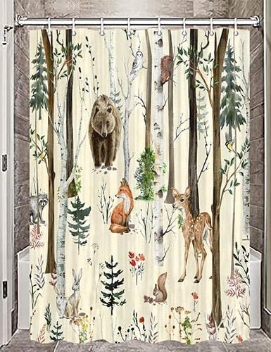 JAWO Rustic Forest Shower Curtain - Lodge Cabin Woodsy RV Wildlife Animals Woodland Campers Camping Bathroom Set with Hooks, 36X72 Inch, Beige