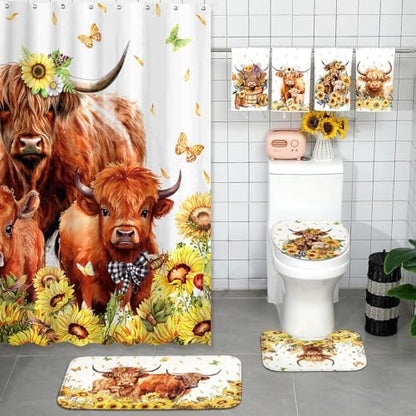 FuWeave 8 Pcs Highland Cow Shower Curtain Set, Sunflower Bathroom Set