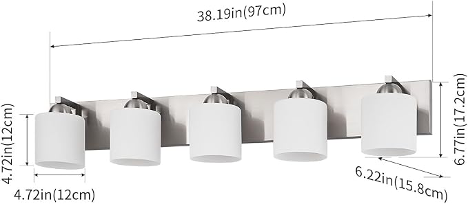 mirrea 5-Light Brushed Nickel Bathroom Vanity Light with White Glass Shades | Over Mirror,Wall Sconce,ETL listed,Bathroom Lighting Fixtures,Elegant Design,Milk White Glass Shade,Easy Installation