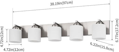 mirrea 5-Light Brushed Nickel Bathroom Vanity Light with White Glass Shades | Over Mirror,Wall Sconce,ETL listed,Bathroom Lighting Fixtures,Elegant Design,Milk White Glass Shade,Easy Installation