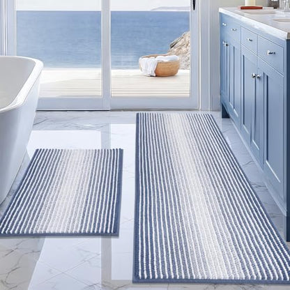 BSICPRO Bathroom Rugs Sets 2 Piece, Non Slip Striped Bath Mats, Denim Blue