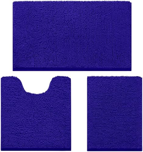 HOMEIDEAS Royal Blue Chenille Bathroom Rugs Set of 3, Non Slip Bath Mat