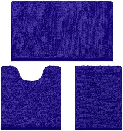 HOMEIDEAS Royal Blue Chenille Bathroom Rugs Set of 3, Non Slip Bath Mat