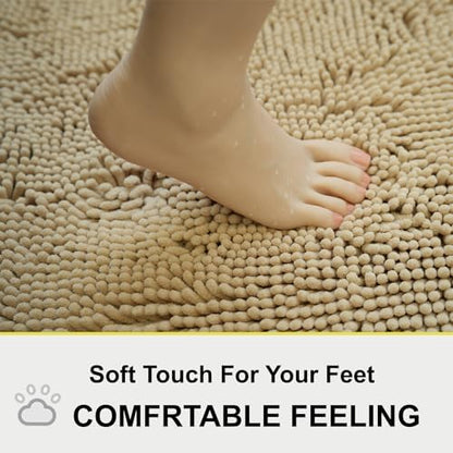 Bath Rugs Chenille 3-Piece Extra Soft and Absorbent Shag Beige Bathroom Rugs, Machine Wash Mat, Strong PVC Non-Slip Underside, Plush Carpet Mats (Beige)