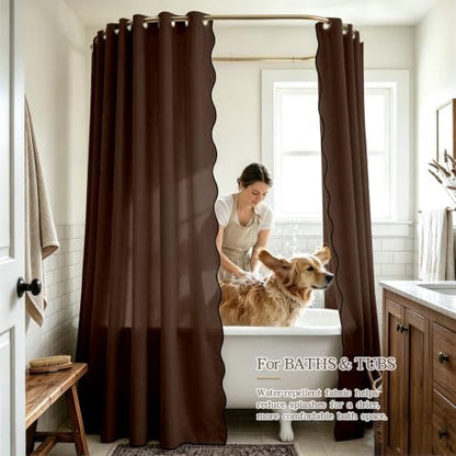 Furlinic Scalloped Shower Curtain No Hook Brown Waterproof W78 x H75 Fabric
