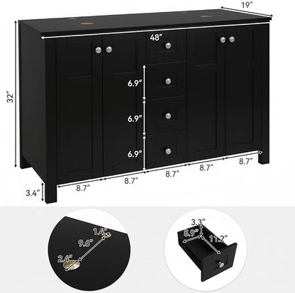 48'' Bathroom Vanity with Sink, Modern Bathroom Cabinet Black | 4 Soft-Close Cabinet Doors, 4 Drawers, 4-Tier Inner Shelf, Freestanding Large Storage Cabinet, Two Brown Leaf Glass Sinks