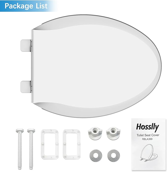 19" Elongated Slow Close Toilet Seat, White Polypropylene Toilet Seat Cover with Never Loosen Durable Lid, Quiet and Easy to Install and Clean