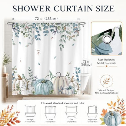 Blue Pumpkin Shower Curtain, 72 x 78 Inch Watercolor White Pumpkin Eucalyptus Bathroom Curtain, Fall Farmhouse Bath Curtain for Tub Shower Decor, Multiple Sizes