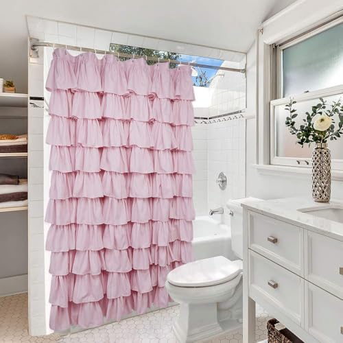 Volens Pink Ruffle Shower Curtain Farmhouse Rustic Fabric Cloth Shower Curtains for Bathroom, 72" x 72"