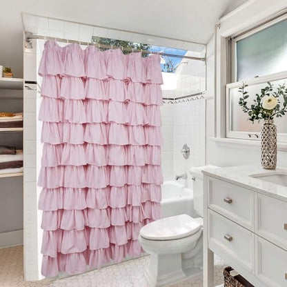 Volens Pink Ruffle Shower Curtain Farmhouse Rustic Fabric Cloth Shower Curtains for Bathroom, 72" x 72"