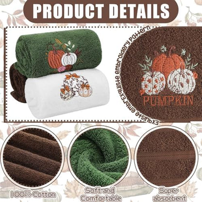 FuWeave 3 Pcs Green Brown Fall Pumpkin Hand Towels for Bathroom