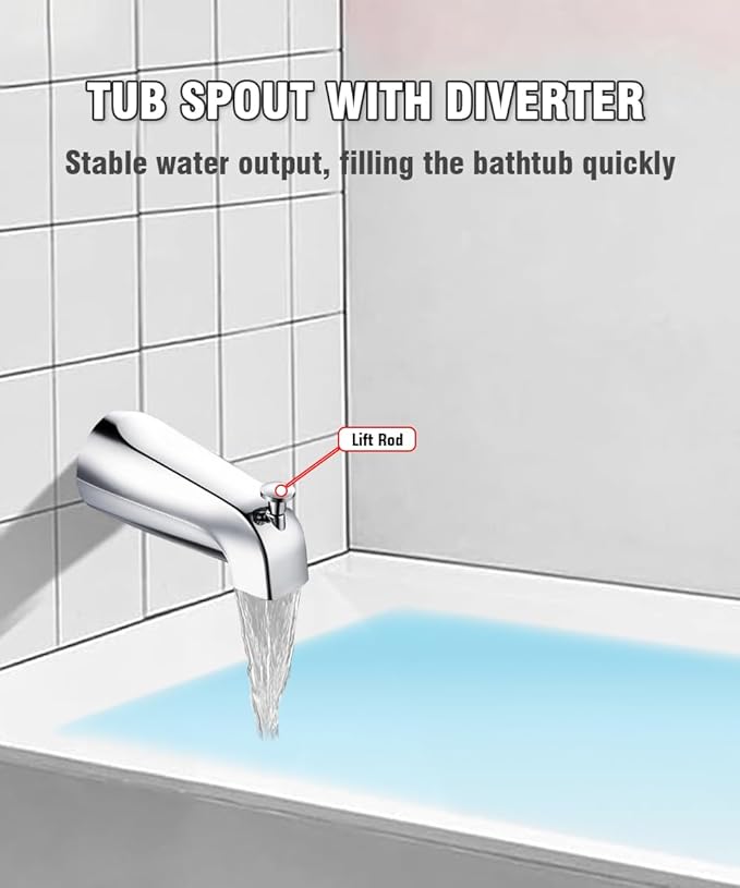 Tub Spout with Diverter, Slip On Bathtub Spout Fits 1/2'' Copper Tube(5/8'' Dia), Bathroom Tub Faucet with PTFE Tape & Hex Wrench, Chrome