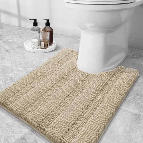 Grandaily Chenille Striped Toilet Rugs U-Shaped 24x20, Extra Soft and Absorbent Bathroom Rugs, Non-Slip Plush Shaggy Bath Rug, Machine Washable Contour Bath Mats for Toilet Base, Beige