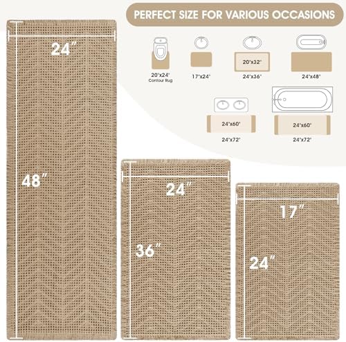 Upgraded Waffle Bath Mat Set 3 Piece Beige-Herringbone, Super Absorbent Non-Slip Quick Dry Bathroom Rugs with Tassels, Machine Washable Ultra Soft Boho Bath Rugs, Toilet Mats Boho Farmhouse Decor